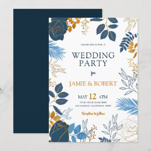 Blue and gold flowers wedding frame invitation