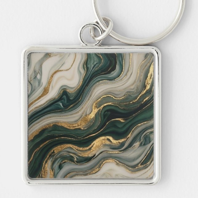 Blue and Gold Fluid Marble Abstract Art Key Ring (Front)