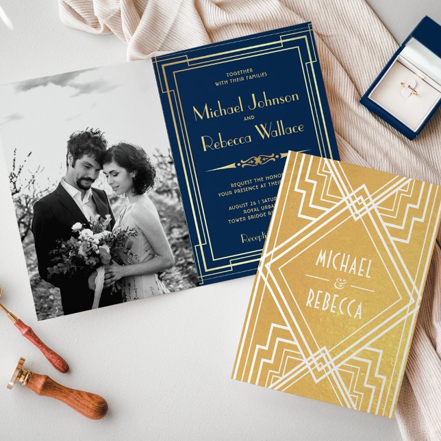 Blue and Gold Foil Art Deco Wedding Invitation (Creator Uploaded)
