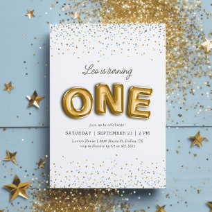 Blue and Gold Foil Balloon Glitter 1st Birthday Invitation