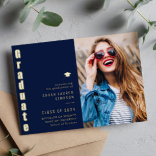 blue and gold foil graduation announcement