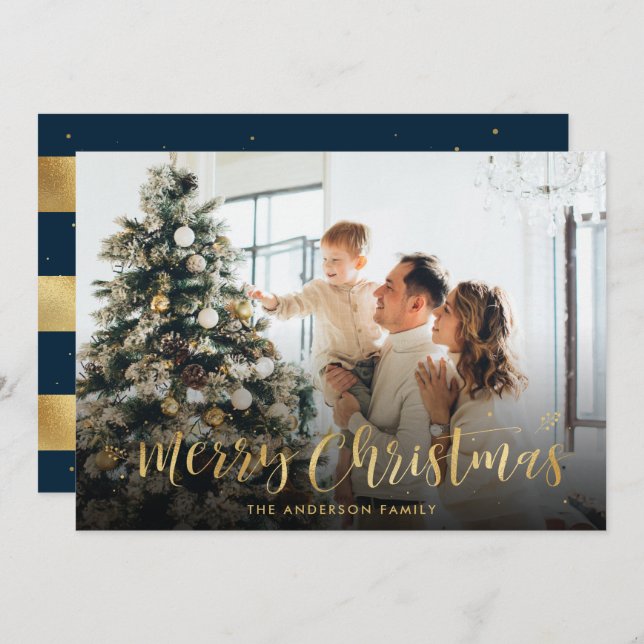 Blue and Gold Foil Merry Christmas Photo Cards (Front/Back)