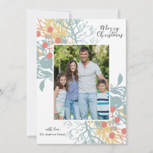 Blue and Gold Foliage Photo Christmas Card