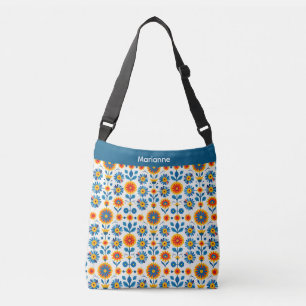 Blue and Gold Folk Art Flowers Crossbody Bag