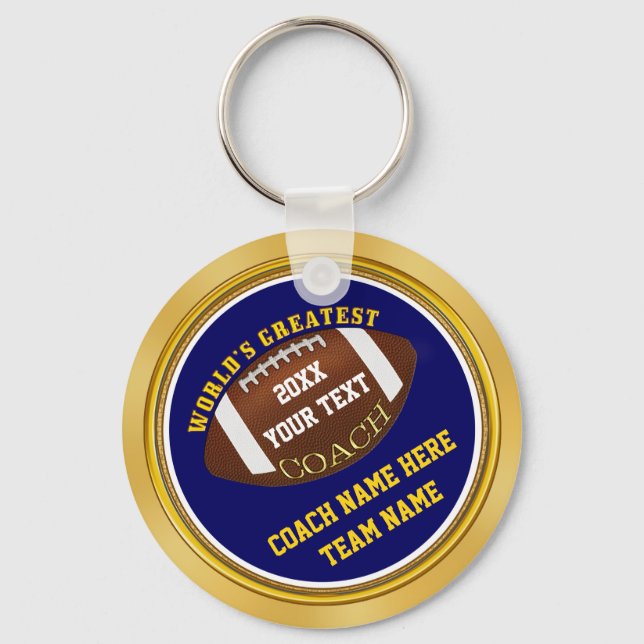 Blue and Gold Football Coach Gifts with YOUR TEXT Key Ring (Front)