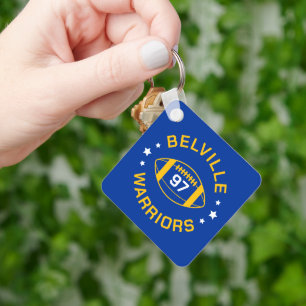 Blue and Gold Football Player Jersey Number Photo Key Ring