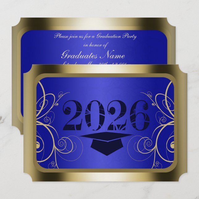 Blue and Gold Frame Graduation Party Invitation (Front/Back)