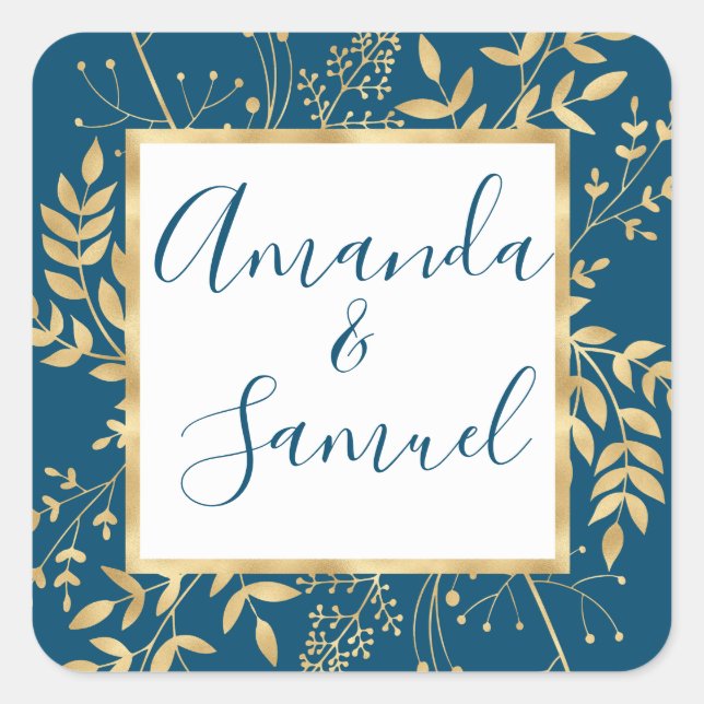Blue and Gold Frame Modern  Square Sticker (Front)