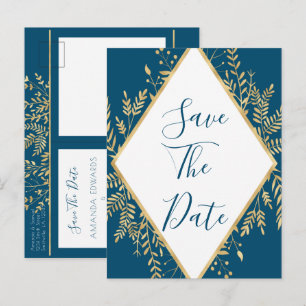 Blue and Gold Frame Modern Wedding Announcement Postcard