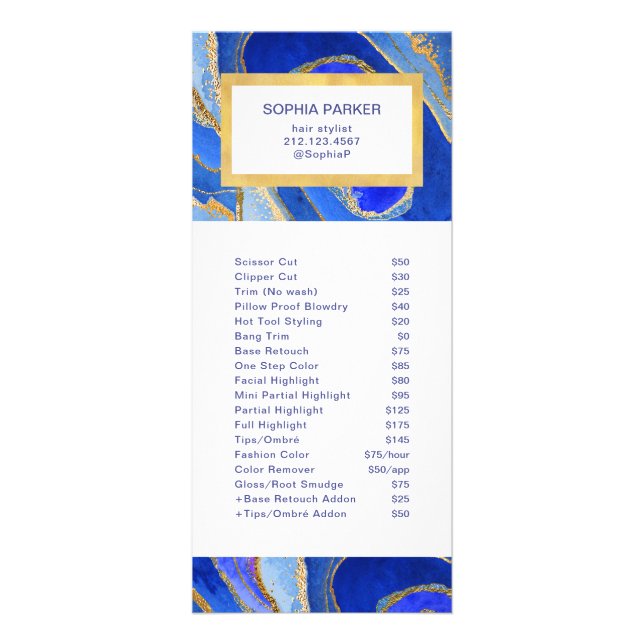 Blue and Gold Geode | Salon Price List Service Rack Card (Front)
