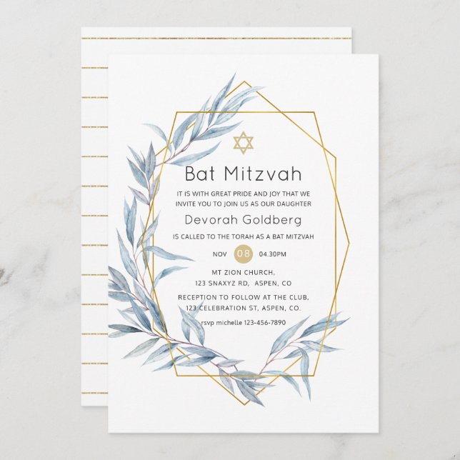 Blue and Gold Geometric Eucalyptus Bat Mitzvah Invitation (Front/Back)