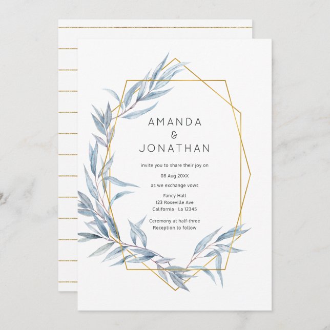 Blue and Gold Geometric Eucalyptus Leaves Wedding Invitation (Front/Back)
