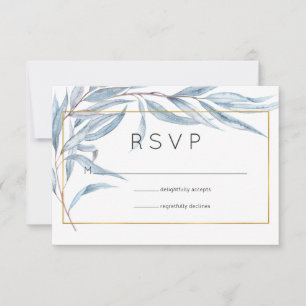 Blue and Gold Geometric Eucalyptus Leaves Wedding RSVP Card