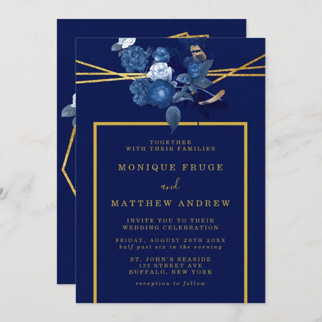 Blue and Gold Geometric Floral Wedding Invitation (Front/Back)