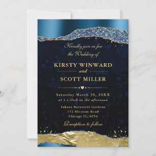 Blue and Gold Glam Tears and Bokeh Wedding Invitation