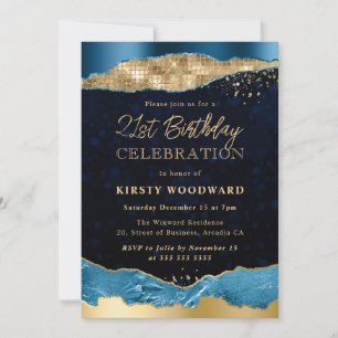 Blue and Gold Glam Tears Birthday Party Invitation