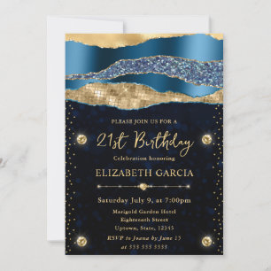 Blue and Gold Glam Tears Bokeh Birthday Party Invitation