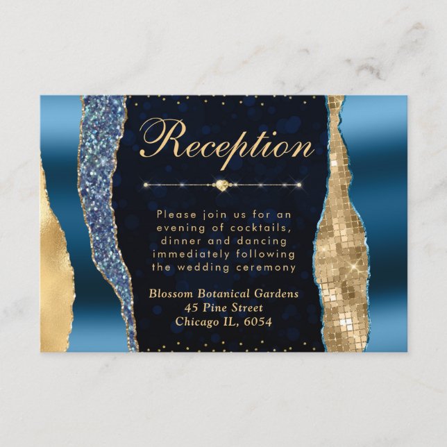 Blue and Gold Glam Tears Bokeh Wedding Enclosure Card (Front)