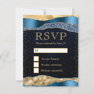Blue and Gold Glam Tears Bokeh Wedding RSVP Card