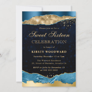 Blue and Gold Glam Tears Sweet Sixteen Invitation