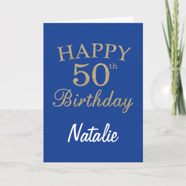 Blue and Gold Glitter 50th Birthday Card (Front)