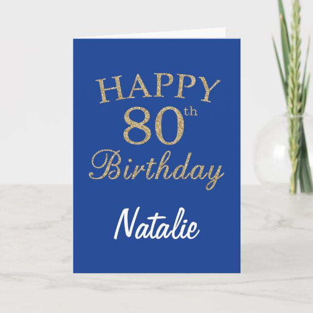 Blue and Gold Glitter 80th Birthday Card (Front)