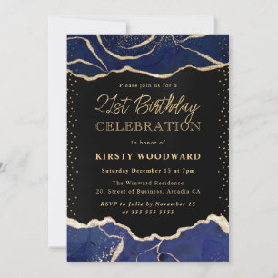 Blue and Gold Glitter Agate Birthday Party Invitation