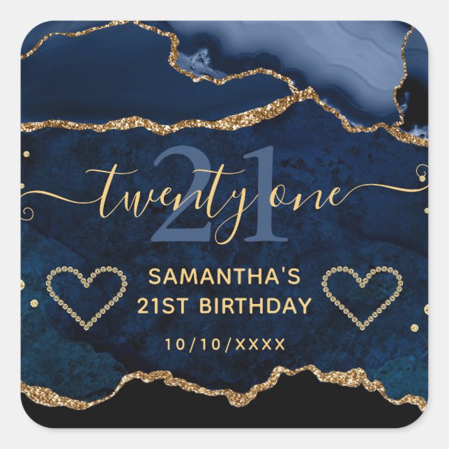 Blue and Gold Glitter Agate Marble 21st Birthday Square Sticker (Front)