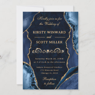 Blue and Gold Glitter Agate & Marble Wedding Invitation