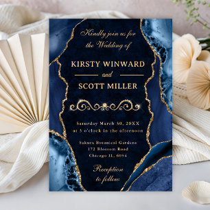 Blue and Gold Glitter Agate & Marble Wedding Invitation