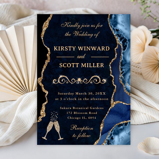 Blue and Gold Glitter Agate & Marble Wedding Invitation (Creator Uploaded)