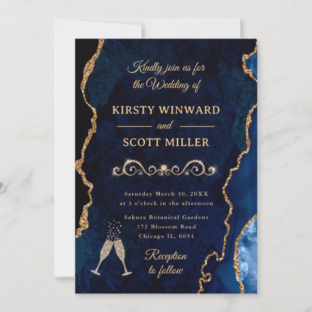 Blue and Gold Glitter Agate & Marble Wedding Invitation (Front)