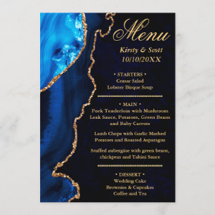 Blue and Gold Glitter Agate Marble Wedding Menu