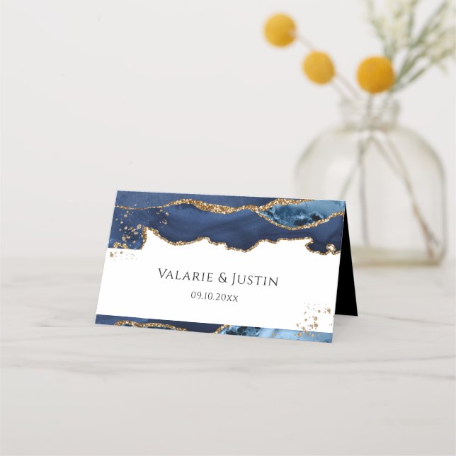 Blue and Gold Glitter Agate Wedding Place Card (Front)