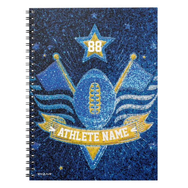 Blue and Gold Glitter American Football Champions Notebook (Front)