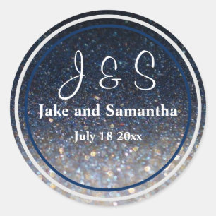 Blue and Gold Glitter and Hearts Classic Round Sticker