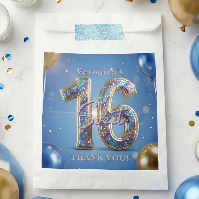Blue and Gold Glitter Balloons Sweet 16 Thank You Favour Bags (Creator Uploaded)