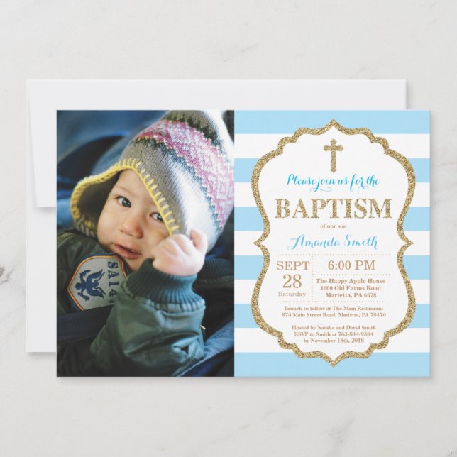 Blue and Gold Glitter Baptism Invitation (Front)