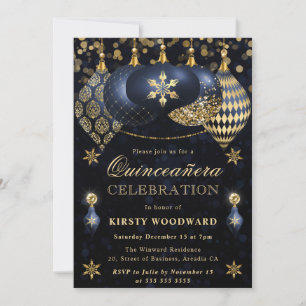 Blue and Gold Glitter Baubles Quinceanera Invitation