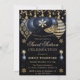 Blue and Gold Glitter Baubles Sweet Sixteen Invitation
