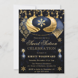 Blue and Gold Glitter Baubles Sweet Sixteen Invitation
