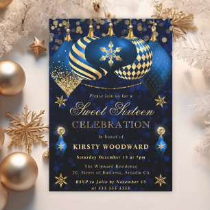 Blue and Gold Glitter Baubles Sweet Sixteen Invitation