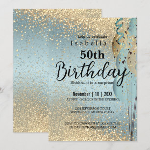 Blue and Gold Glitter Birthday Invitation