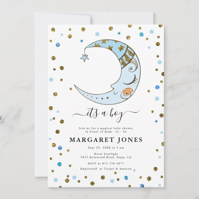  Blue and Gold Glitter Confetti Moon Baby Shower  Invitation (Front)