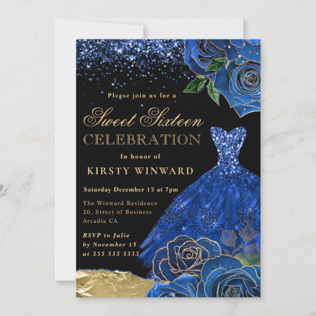 Blue and Gold Glitter Dress Glam Roses Sweet 16 Invitation (Front)