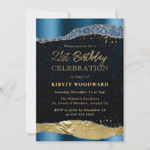 Blue and Gold Glitter Glam Tears 21st Birthday Invitation