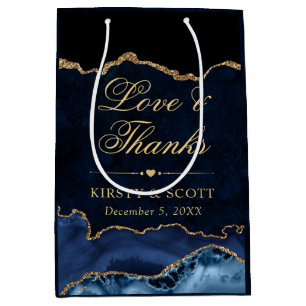 Blue and Gold Glitter Marble Agate Wedding Medium Gift Bag