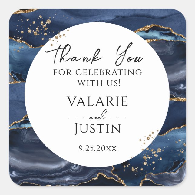 Blue and Gold Glitter Marble Thank You Square Stic Sticker (Front)