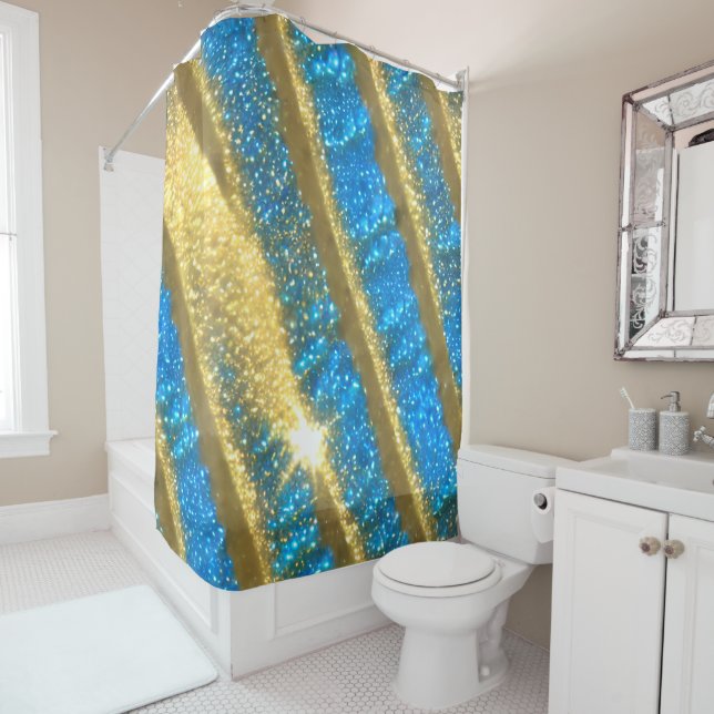 Blue and Gold Glitter Pattern Shower Curtain (In Situ)