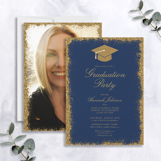 Blue and Gold Glitter Photo Graduation Party Invitation (Creator Uploaded)